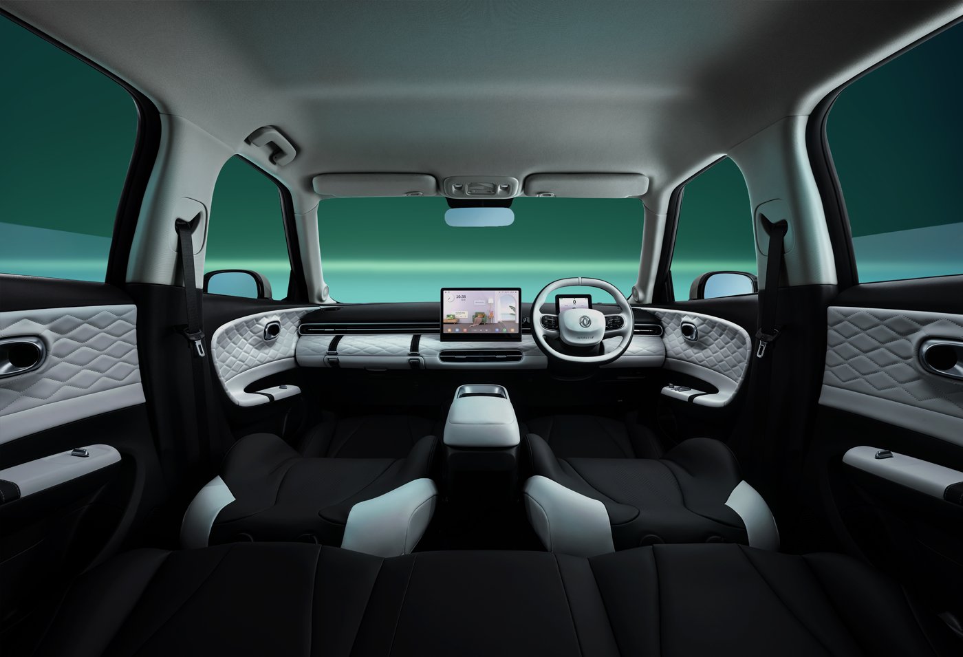 Dongfeng Box cabin viewed from the rear seats, with dashboard and central display